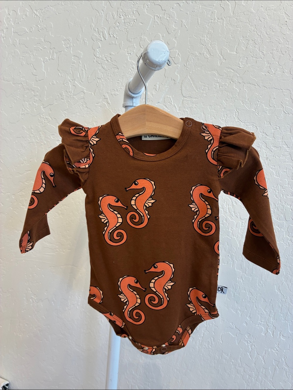 Brown Seahorse Print Long-Sleeve Baby Bodysuit